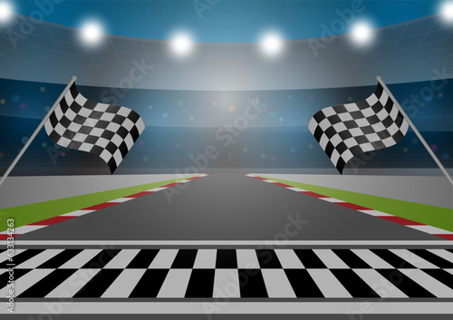 Asphalt racing track with Stadium in Arena. Racing track with Start or Finish line. Go-kart track. Race track road. Vector Illustration.