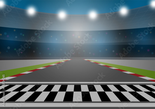 Asphalt racing track with Stadium in Arena. Racing track with Start or Finish line. Go-kart track. Race track road. Vector Illustration. photo