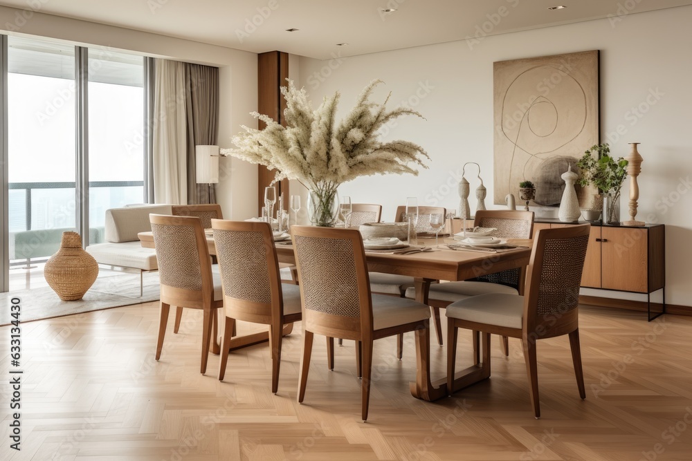 The dining room has a fashionable and neutral beige interior, featuring a beautifully designed wooden table and chairs, adorned with a vase of flowers. It is enhanced with elegant rattan accessories
