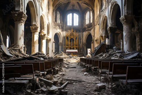 Shattered Sanctity, The Devastated Interior of a Church Ravaged by Conflict or Catastrophe photo
