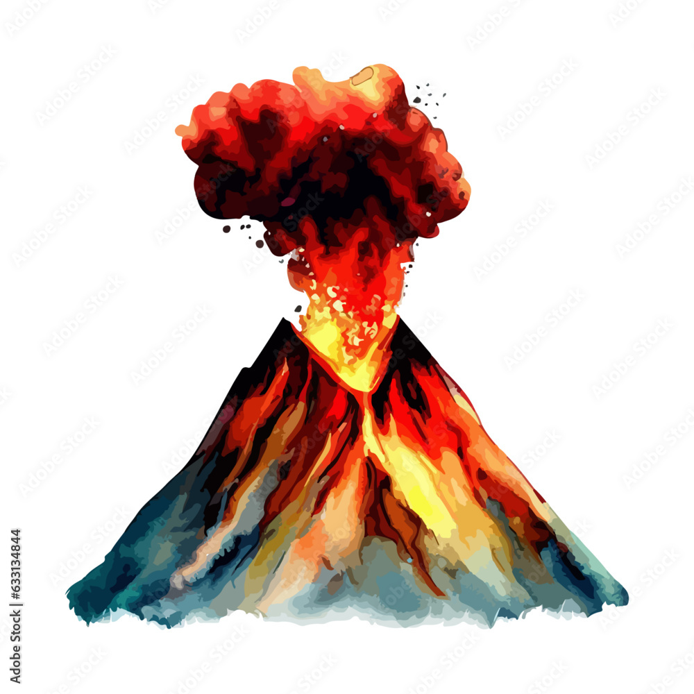 volcano eruption watercolor illustration - obrazy, fototapety, plakaty 