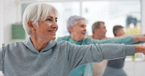 Old people in yoga class, fitness and stretching with happiness, wellness and retirement. Health, exercise and warm up, women and workout with elderly care and zen, mindfulness and vitality in gym