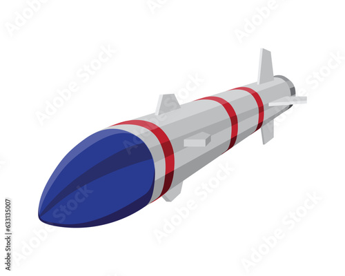 cartoon illustration vector design of a rocket or missile or torpedo with a black head and white-gray body with red circle lines and its tail which has wings to balance when launched