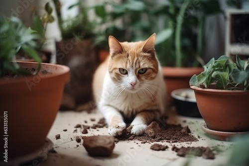 Angry naughty cat lying down in dirt and ground on floor with overtuned flower pot photo