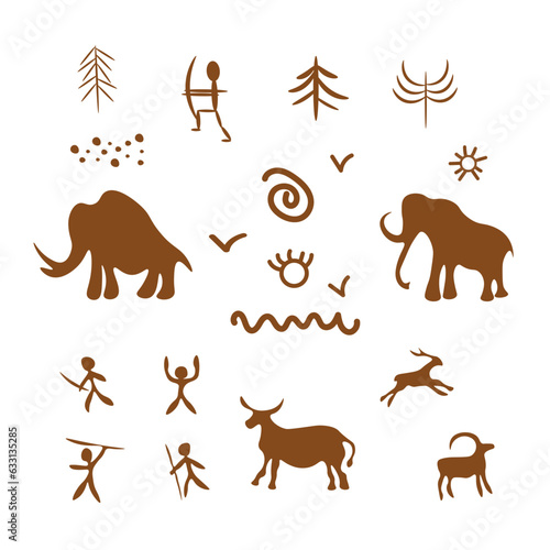 Set of cute rock drawings in a cartoon style. Vector illustration of various drawings of primitive people, prehistoric symbols of hunters in various poses, ornaments, plants, animals: mammoths, deer.