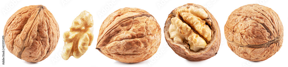 Set of whole walnuts, walnut kernel and cracked walnut isolated on white background. Set of whole walnuts, walnut kernel and cracked walnut isolated on white background.