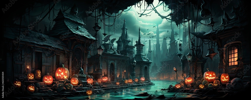 Naklejka premium Halloween night with a spooky house and bats, halloween background.