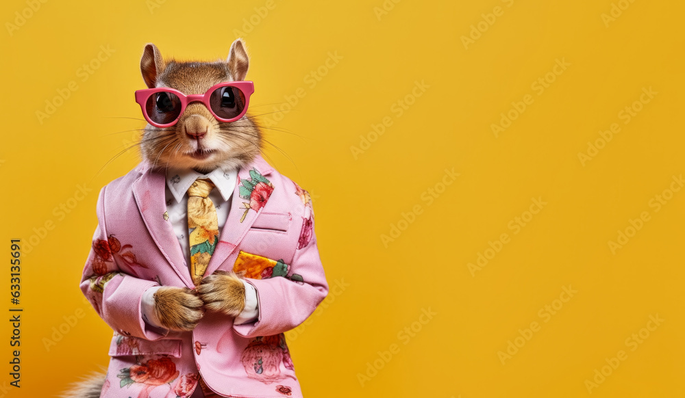 Cool looking squirrel wearing funky fashion dress - jacket, tie, glasses. Wide banner with space for text at side. Stylish animal posing as supermodel. Generative AI