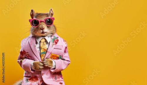 Obraz na płótnie Cool looking squirrel wearing funky fashion dress - jacket, tie, glasses. Wide banner with space for text at side. Stylish animal posing as supermodel. Generative AI w salonie
