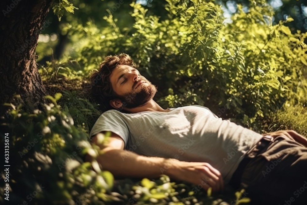 A fictional young man sleeping in the grass under a tree in a garden. Generative AI. A fictional young man sleeping in the grass under a tree in a garden. Generative AI.