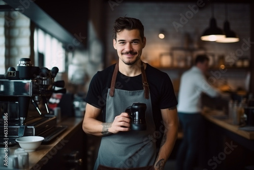 A portrait of a professional Barista in the coffee shop | Fictional character | Hyper realistic | Interior of a coffee shop