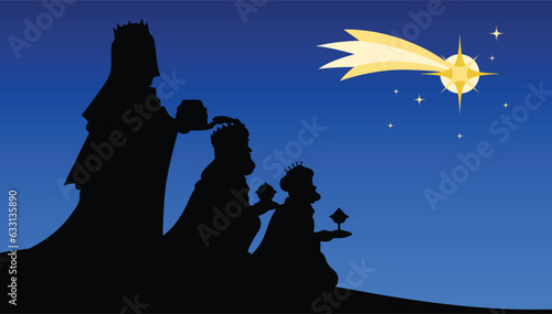 Three biblical kings black silhouette shape looking at Star of Bethlehem. Three wise men holding presents under the starry sky.