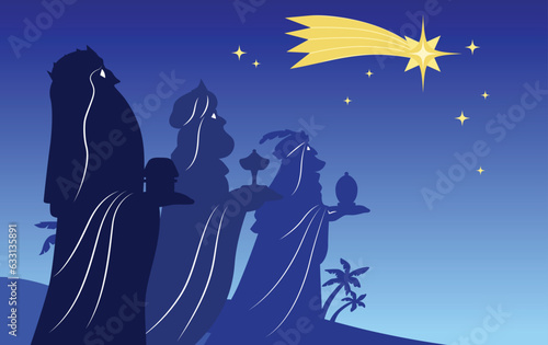 Three wise men magi profiles epiphany banner vector. Three biblical kings, Melchior, Caspar and Balthasar holding presents dark silhouettes.