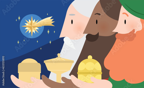 Three wise men holding gifts profile portraits vector illustration. Faces of Melchior, Caspar and Balthasar cartoon vector.