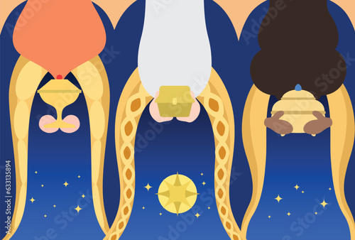 Three wise men presenting gifts star of Bethlehem background. The three magi or biblical kings on a starry sky banner vector.