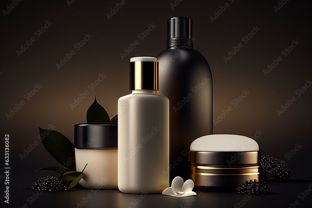 Makeup products, beauty luxury black gold background, skincare concept. Generative Ai Makeup products, beauty luxury black gold background, skincare concept. Generative Ai