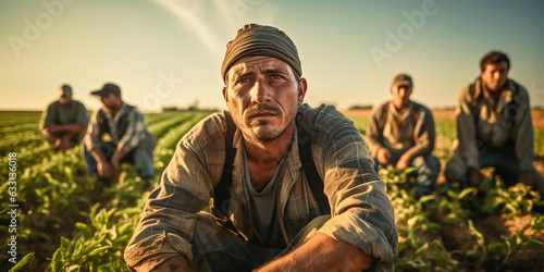 Group of tired, overworked farm workers sitting on farmland