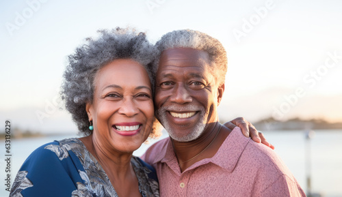 Romantic senior couple happy smiling on beach. Elderly couple enjoying together after retirement. 