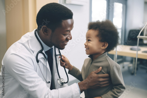 A child receives first-class medical care from an African American doctor in his office in hospital