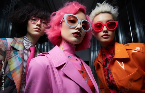 Portrait of young people with weird hair colors wearing fashionable pastel-colored jackets and sunglasses. Silly youth concept. Generative AI