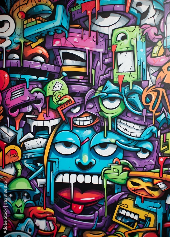 A hand drawn image of a cartoon showing various pictures with faces, in the style of graffiti. Generative AI A hand drawn image of a cartoon showing various pictures with faces, in the style of graffiti. Generative AI