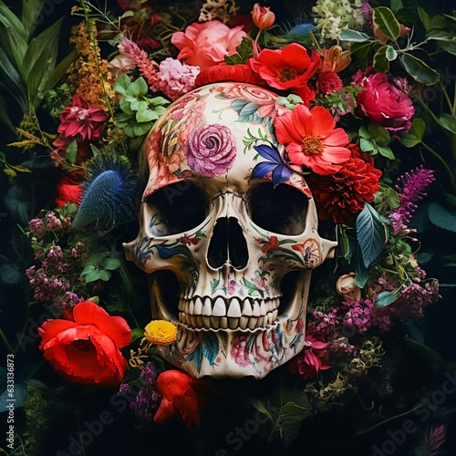 skull surrounded by flowers. Generative AI