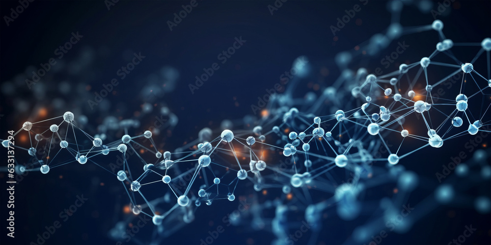 A abstract pattern of lines and dots resembling molecules and atoms on a blue and black background - Science Particle Wallpaper created with Generative AI technology - obrazy, fototapety, plakaty 