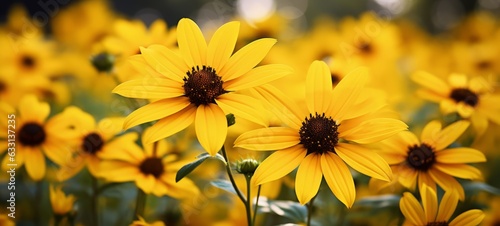 Arnica flowers close up. Natural fresh Arnica. Copyspace. Photo texture. Horizontal banner. Ai generated photo