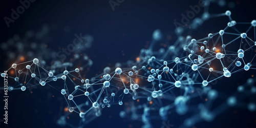 A abstract pattern of lines and dots resembling molecules and atoms on a blue and black background - Science Particle Wallpaper created with Generative AI technology photo