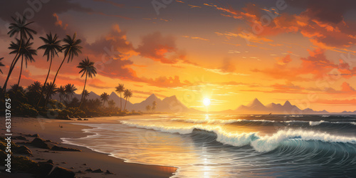 Sunrise on a Calm Beach, Beach Waves and Swaying Palm Trees. Peaceful Landscape. Generative AI