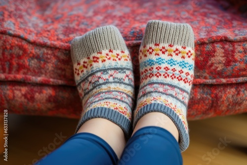 A woman is shown wearing cozy knitted woolen socks near a home heater during the cold winter season. This image serves as a symbol of staying warm and comfortable at home. The focus is on her feet