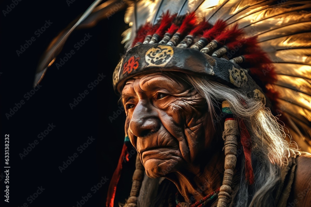 An elderly Indian with a headdress of feathers on a black background. Indian roach. Generative AI An elderly Indian with a headdress of feathers on a black background. Indian roach. Generative AI