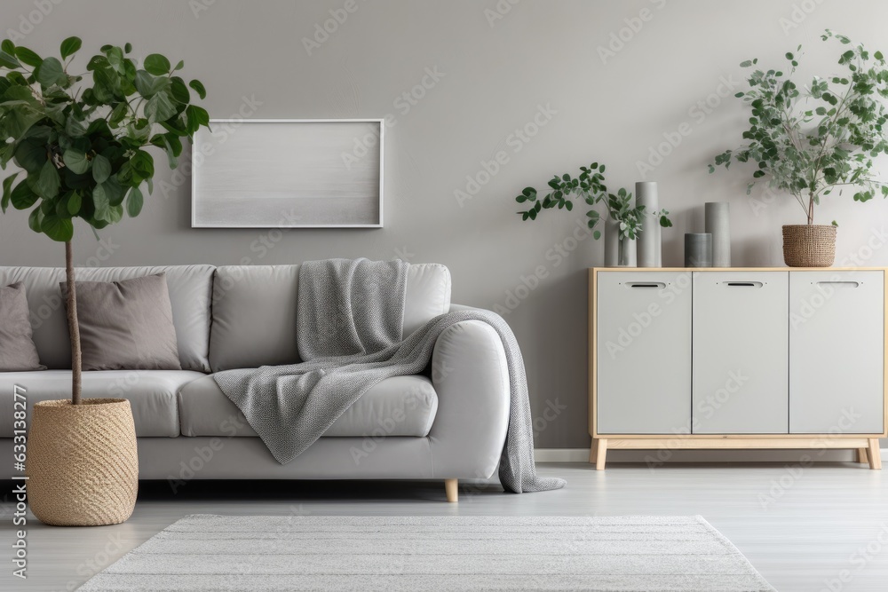 This is a genuine photograph of a gray and minimalist living room with a Scandinavian cabinet featuring a drawer and a green plant on top. Additionally, there is a comfortable couch adorned with This is a genuine photograph of a gray and minimalist living room with a Scandinavian cabinet featuring a drawer and a green plant on top. Additionally, there is a comfortable couch adorned with