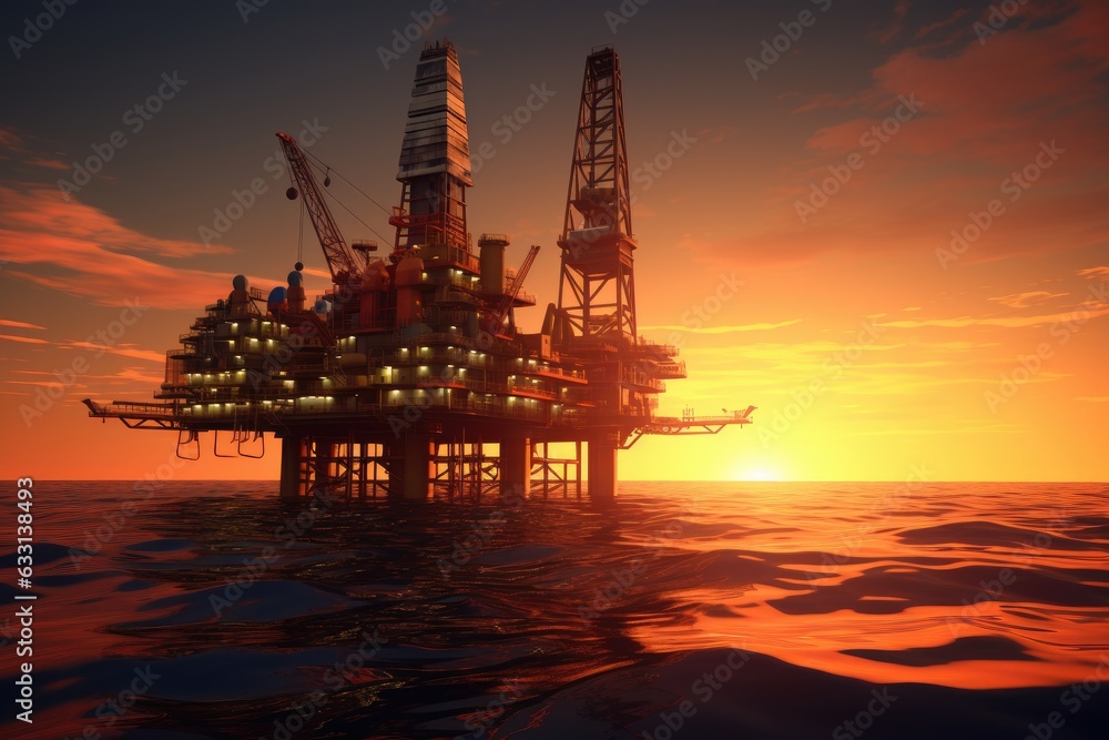 Oil platform in the middle of the ocean at sunset.