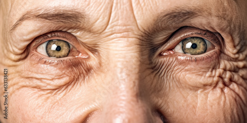 Old senior woman eyes, closeup detail to her face, both iris visible, wrinkled skin near. Generative AI