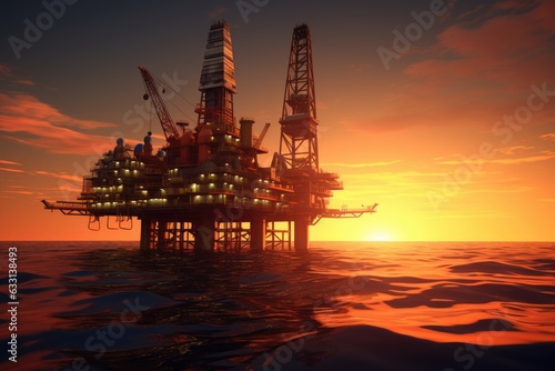 Oil platform in the middle of the ocean at sunset.