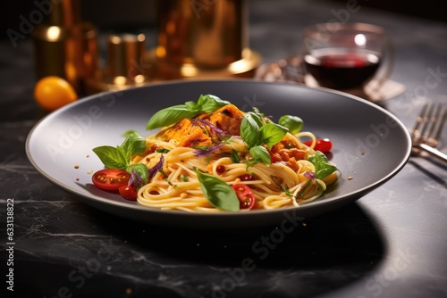 Plate with spaghetti with tomatoes and basil.