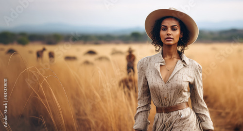 Young woman with wearing adventurer outfit and hat on African safari. Savanna and blurred wild animals in background. Generative AI