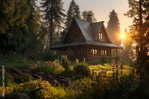 A rustic house in the middle of a forest at sunset.