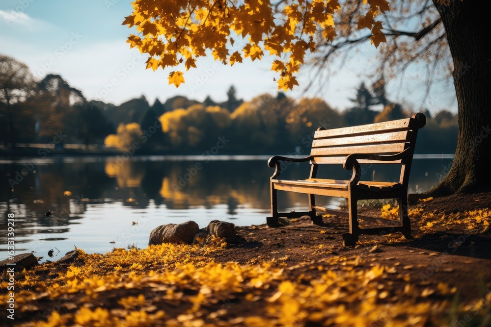 Wooden bench by the lake in the autumn park. Advertising banner. Generative AI