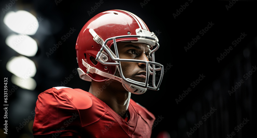 A black American football player in a red helmet and uniform close-up. The player looks away. Black background with spotlights. Copy space. Generative Ai