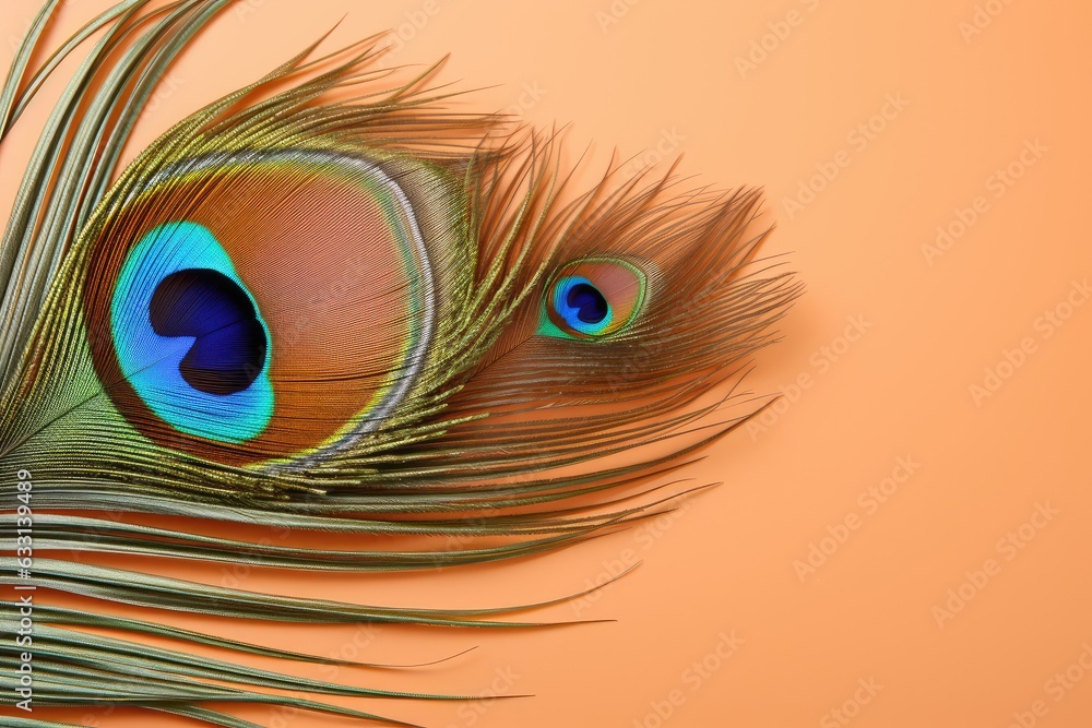 Obraz premium Peacock feather close-up on a beige background. Birth of Krishna. Generative AI