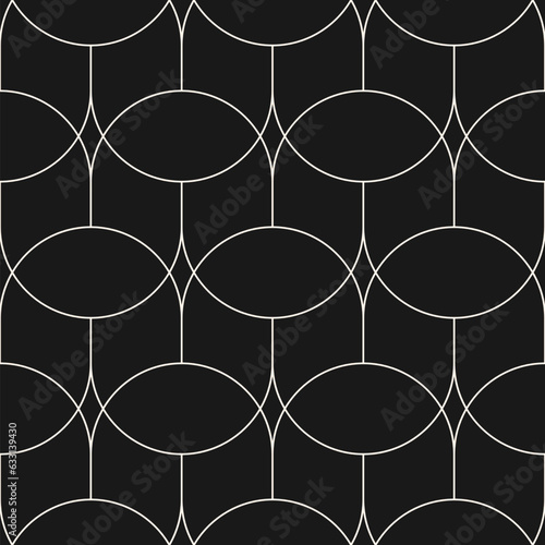 Elegant vector art deco seamless pattern. Dark monochrome geometric linear texture with thin curved lines, grid, lattice ornament. Minimal black and white abstract background. Repetitive geo design
