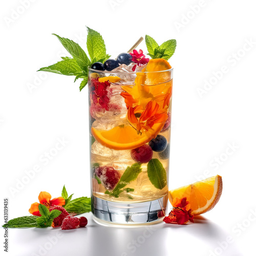 Beautifully decorated tropical cocktail on white background