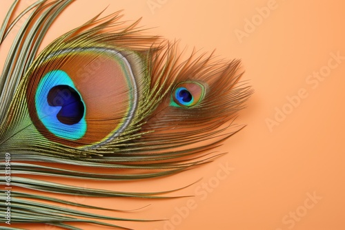 Peacock feather close-up on a beige background. Birth of Krishna. Generative AI