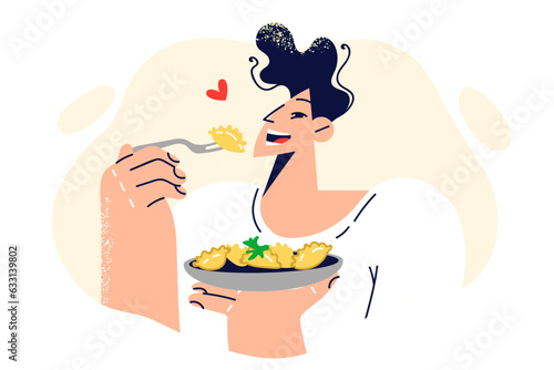 Man eats ravioli enjoying taste of Italian dish delivered from restaurant or handmade