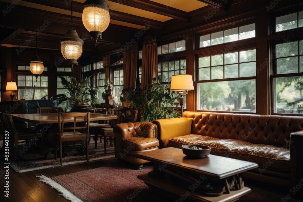 Antique, retro style interior featuring a leather couch, wooden dining table, and a hanging light fixture on the ceiling. Antique, retro style interior featuring a leather couch, wooden dining table, and a hanging light fixture on the ceiling.