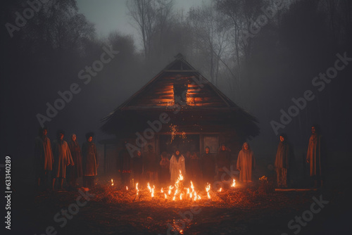 Mystical Cult Gathering: Flames Dance in Abandoned Woods photo