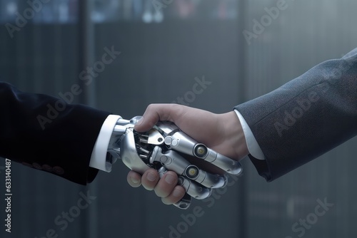 Close-up of the hands of a robot and a businessman shaking hands