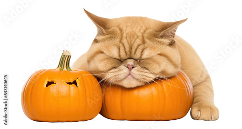 Funny Cat with Halloween pumpkin isolated on transparent background, png. Kitten and pumpkin on white. Halloween holidays. Autumn season. October. Autumn mood. © Viks_jin